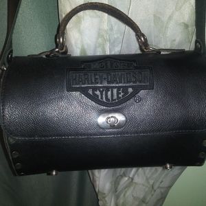 Vintage Black Leather Barrel Harley Davidson bag